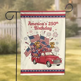 Vintage Red Pickup Truck American Flags - America's 250th Birthday 1776-2026 Garden Flag