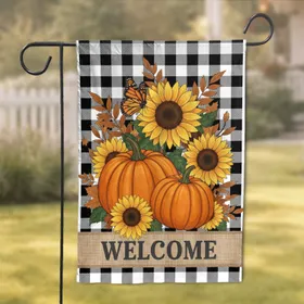Autumn Pumpkins Sunflowers Welcome Buffalo Plaid Monarch Butterfly - Fall Home Decor Garden Flag