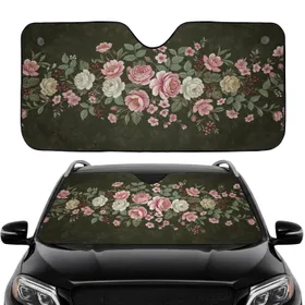 Dense Floral Bloom Green Leaves Berry Clusters - Car Interior Upgrade Car Sunshade