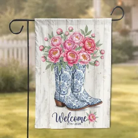 Blue and White Cowboy Boots Peony Rose Floral Welcome - Farmhouse Home Decor Gift Garden Flag