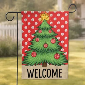 Christmas Tree Welcome Sign - Red Polka Dot Burlap Holiday Home Decor Garden Flag