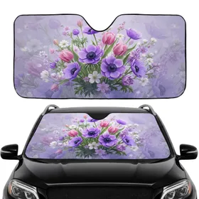 Lush Blooming Purple Anemone Pink Tulip Wildflowers Botanical Field Car Interior Upgrade Car Sunshade