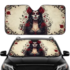 Calavera Woman Red Roses Filigree Day of the Dead - Car Interior Upgrade Car Sunshade