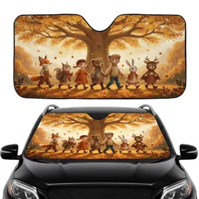 Seven Animal Child Characters Autumn Forest - Autumn Road Trip Gift for Kids Car Sunshade