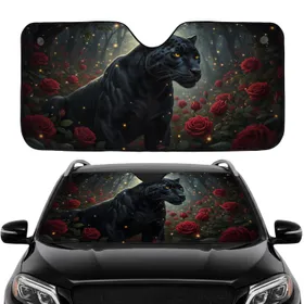 Majestic Black Panther Red Roses Enchanted Garden - Car Interior Upgrade for Panther Lovers Car Sunshade