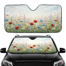 Watercolor Wildflower Meadow Poppies Daisies Buttercups Delphiniums - Road Trip Accessory Car Sunshade