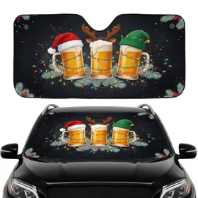 Santa Reindeer Elf Beer Mugs Christmas Lights - Holiday Road Trip Accessory Car Sunshade