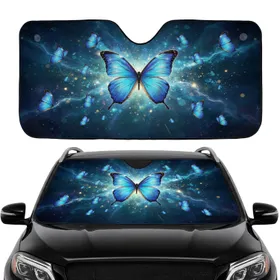 Iridescent Glowing Blue Butterflies Cosmic Nebula - Road Trip Accessory Car Sunshade