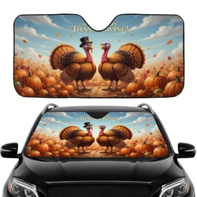 Top Hat Turkeys Orange Pumpkins Falling Leaves Happy Thanksgiving Car Road Trip Gift Car Sunshade