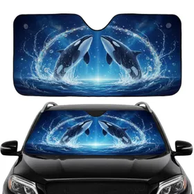 Breaching Orcas Starry Ocean Cosmic Night - Car Interior Road Trip Accessory Car Sunshade