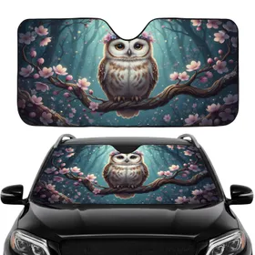 Wide-Eyed Baby Owl Floral Blossoms Twilight Forest - Car Interior Upgrade Car Sunshade
