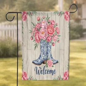 Blue and White Cowboy Boots Peony Rose Floral Welcome - Farmhouse Home Decor Gift Garden Flag