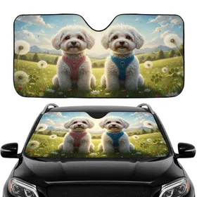 Bichon Frise Dogs Meadow Wildflowers - Road Trip Travel Essentials Dog Lover Gift Car Sunshade