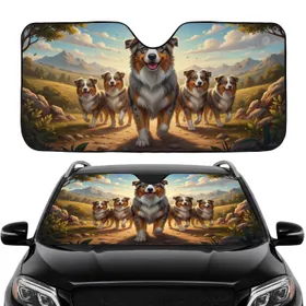Australian Shepherds Open Road Landscape - Road Trip Gift for Australian Shepherd Lover Car Sunshade