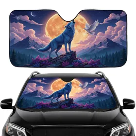 Blue Wolf Orange Moon Mountain - Car Interior Upgrade Wildlife Lover Gift Car Sunshade