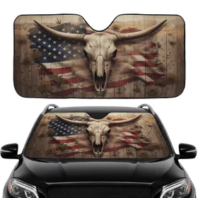 Longhorn Bull Skull American Flag Rustic Wood - Patriotic Car Interior Upgrade Car Sunshade