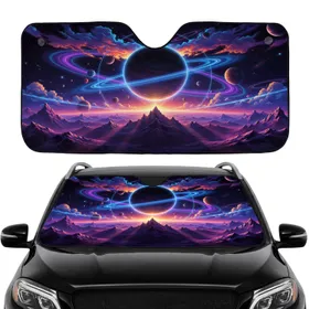 Ringed Planet Celestial Body Neon Clouds Alien Mountains - Road Trip Travel Essentials Car Sunshade