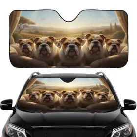 Five Realistic Bulldogs Golden Hour Hills - Road Trip Gift for Bulldog Lovers Car Sunshade