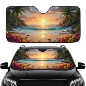 Golden Hour Tropical Beach Sunset Palm Trees Flowers - Car Interior Upgrade Car Sunshade