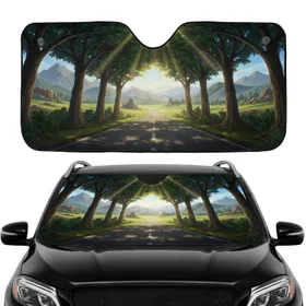 Golden Light Asphalt Road Verdant Forest Mountain Landscape - Road Trip Gift Car Sunshade