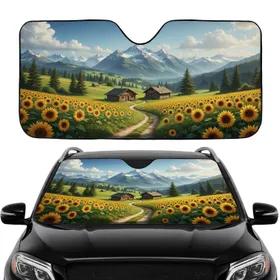 Winding Path Sunflower Fields Rustic Cabins Alpine Mountains - Road Trip Gift Car Sunshade