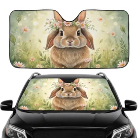 Fluffy Brown Bunny Wildflower Crown Spring Meadow - Car Interior Upgrade for Bunny Lover Car Sunshade