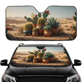 Flowering Cacti Succulents Terracotta Pots Desert Scene - Car Interior Upgrade Car Sunshade