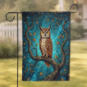 Great Horned Owl Autumn Branch Cosmic Sky Wildlife Lover Gift Garden Flag