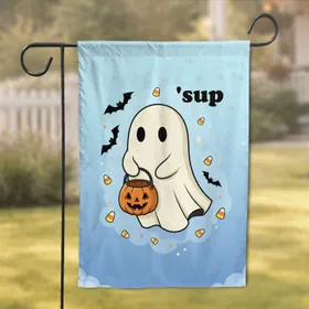 Friendly Cartoon Ghost 'sup Jack-O'-Lantern Halloween Trick-or-Treat Party Garden Flag