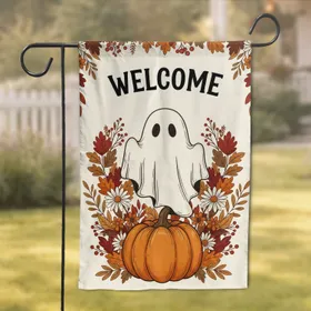 Ghost Pumpkin Autumn Floral WELCOME - Fall Halloween Garden Decor Garden Flag