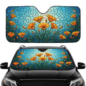 Orange Yellow California Poppies Stained Glass - Car Interior Travel Essentials Accessory Car Sunshade