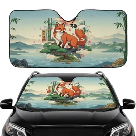 Red Fox Rising Sun Kanji Bonsai Cherry Blossom Japanese Landscape - Commute Accessory Car Sunshade