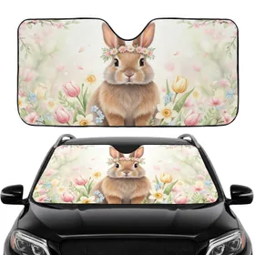 Fluffy Brown Rabbit Spring Floral Crown - Car Interior Upgrade Car Sunshade