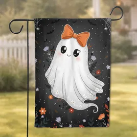 White Ghost Orange Bow Autumn Flowers Spiderweb Bats Halloween Fall Decor Garden Flag