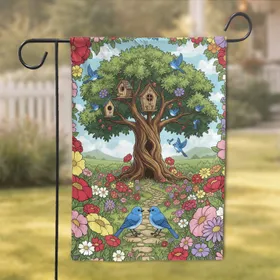 Tree Birdhouse Bluebirds Wildflowers - Home Decor Gift for Bird Lover Garden Flag