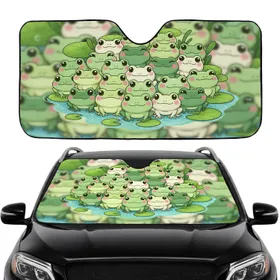 Smiling Rosy Cheek Frogs Lily Pads Aquatic Foliage - Essential Road Trip Gift for Frog Lover Car Sunshade