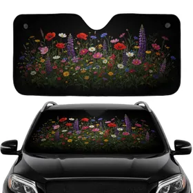 Wild Garden Poppies Daisies Cosmos Lupines Black Background Road Trip Gift Car Sunshade