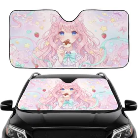 Anime Girl Pastel Pink Hair Animal Ears Sweet Treat - Road Trip Gift for Anime Fan Car Sunshade