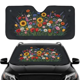 Dense Wildflower Sunflowers Daisies Botanical Field - Car Interior Travel Road Trip Car Sunshade