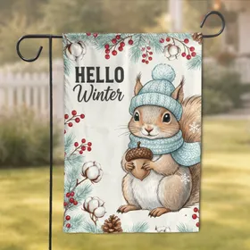Squirrel Hat Scarf Acorn HELLO Winter Berries Pinecones - Winter Season Home Decor Garden Flag