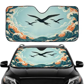 Black Silhouette Frigatebirds Ocean Waves Celestial Clouds - Wildlife Lover Road Trip Gift Car Sunshade