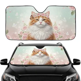 Majestic Fluffy Cat Floral Wreath Road Trip Commute - Cat Lover Gift Car Sunshade