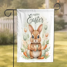 Happy Easter Script Baby Bunny Decorated Eggs Carrots - Easter Holiday Gift Garden Flag