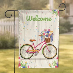 Welcome Sign Pink Cruiser Bicycle with Flower Basket - Everyday Home Decor Gift Garden Flag