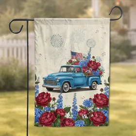 Vintage Blue Pickup Truck Patriotic Flowers American Flag - Independence Day Home Decor Gift Garden Flag