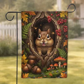 Chipmunk Tree Hollow Acorns Red Berries Woodland - Wildlife Lover Home Decor Gift Garden Flag