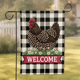 Spotted Black Hen Wildflower Welcome Banner - Farmhouse Home Decor Gift Garden Flag