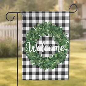 Lush Green Botanical Welcome Wreath Buffalo Plaid Home Decor Gift Garden Flag