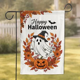 Happy Halloween Ghost Witch Hat Pumpkins Carved Jack-o'-lantern Autumn Holiday Garden Flag