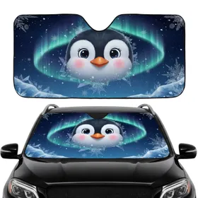 Penguin Face Aurora Borealis Arctic Night Sky - Road Trip Travel Essentials Car Sunshade